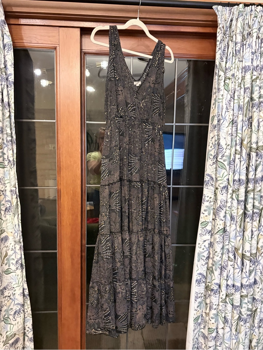 V-Neck Black Printed Tiered Maxi Dress